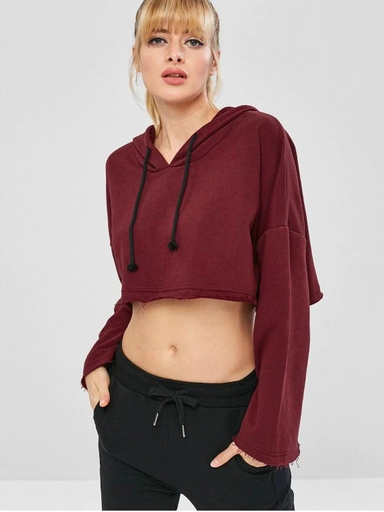 
KY wine red Raw- Hem boxybelly long sleeve drop shoulder bell button Sport womens gym women crop top hoodie 
