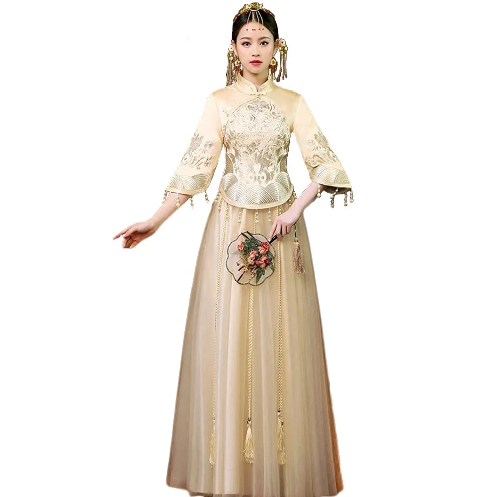 High quality gold Chinese custom made traditional embroidered outfits lace wedding dress