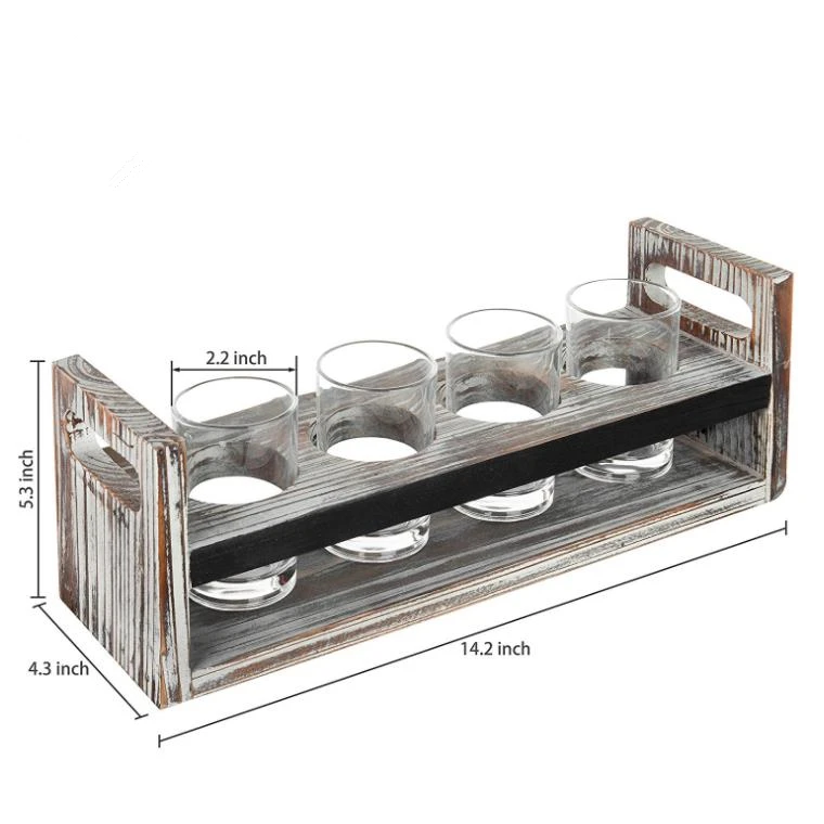 Rustic Torched Wood Craft Beer Flight Tasting Serving Tray With 4 Glasses And Chalkboard