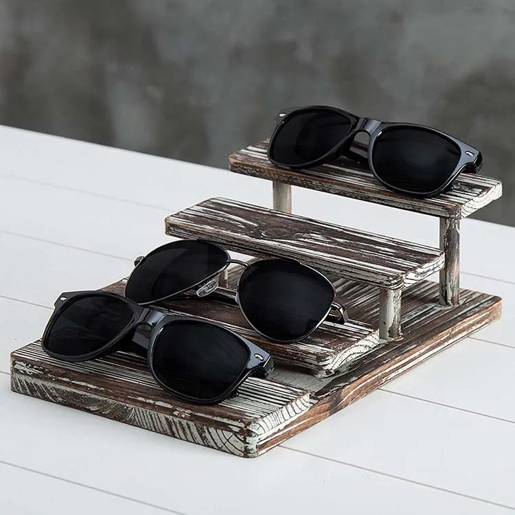 4-Tier Rustic Torched Wood Sunglasses Display Stand