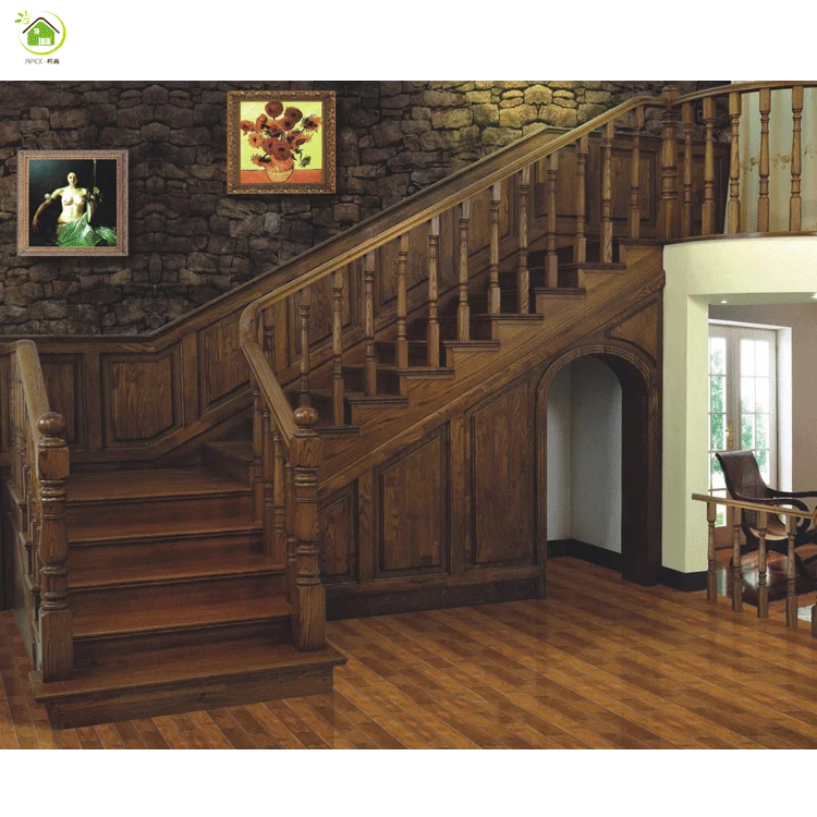 Carving luxury oak wooden inside balusters stair railings design decorative wood stair handrail