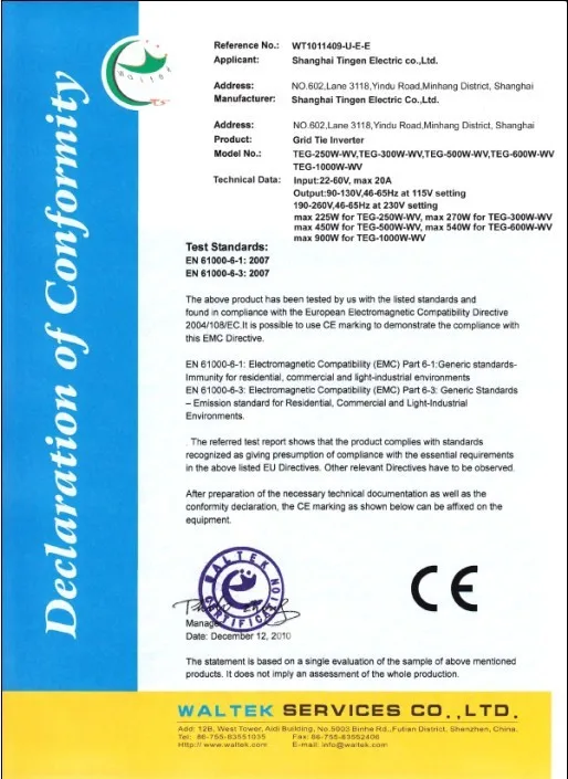 TEG-260W-IP65 On Grid Tie Solar Micro Inverter 260w DC 22-50v to AC 90-130v/AC190-260w