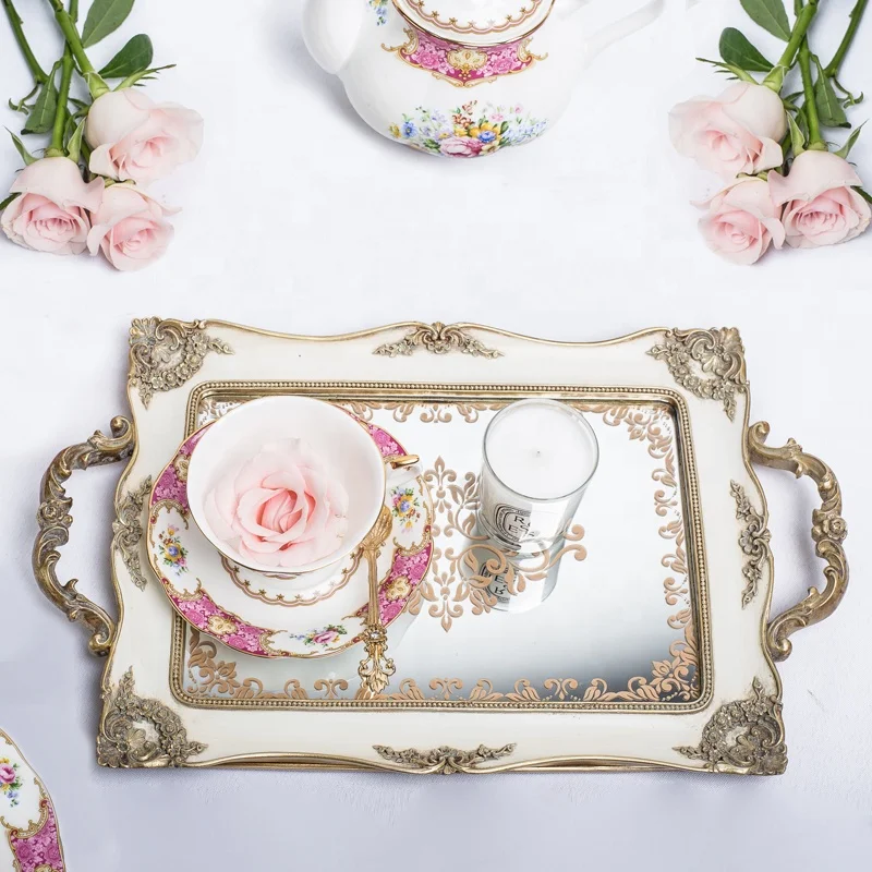 
decorative vanity service antique glass mirror square jewelry resin fruit tray for wedding home decor perfume cosmetic tray 