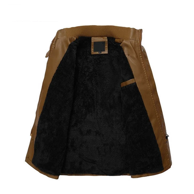 Winter Stand Collar Fleece PU Leather Jacket for Men in Stock