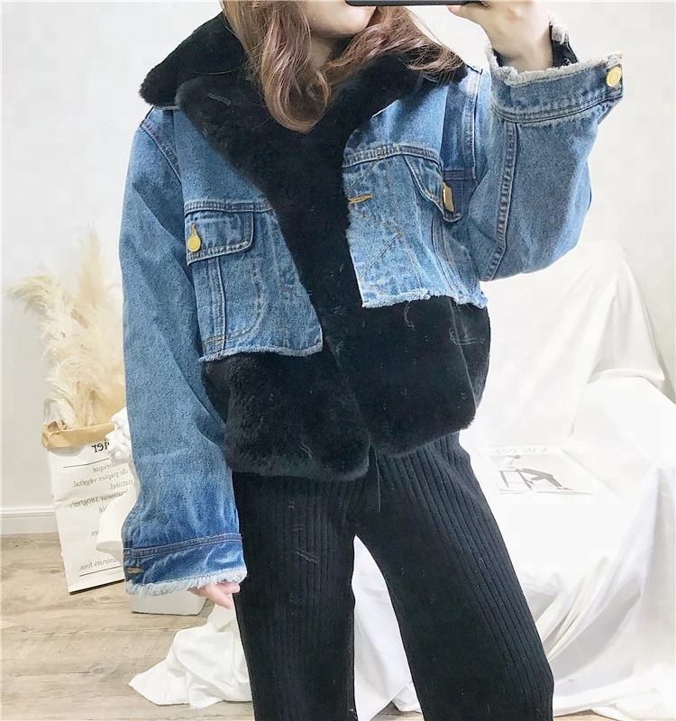 women winter casualbomber jacket  real rex rabbit fur jeans fur jacket coat fur women