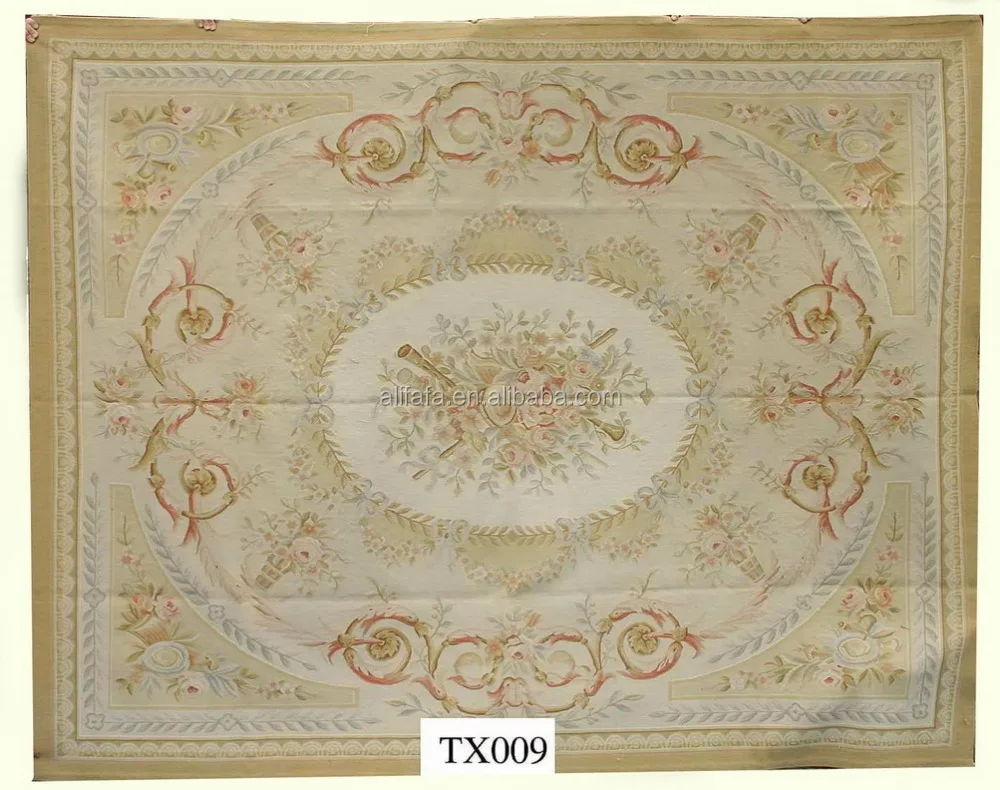 Aubusson china carpet, French style flat weave wool carpet in green color