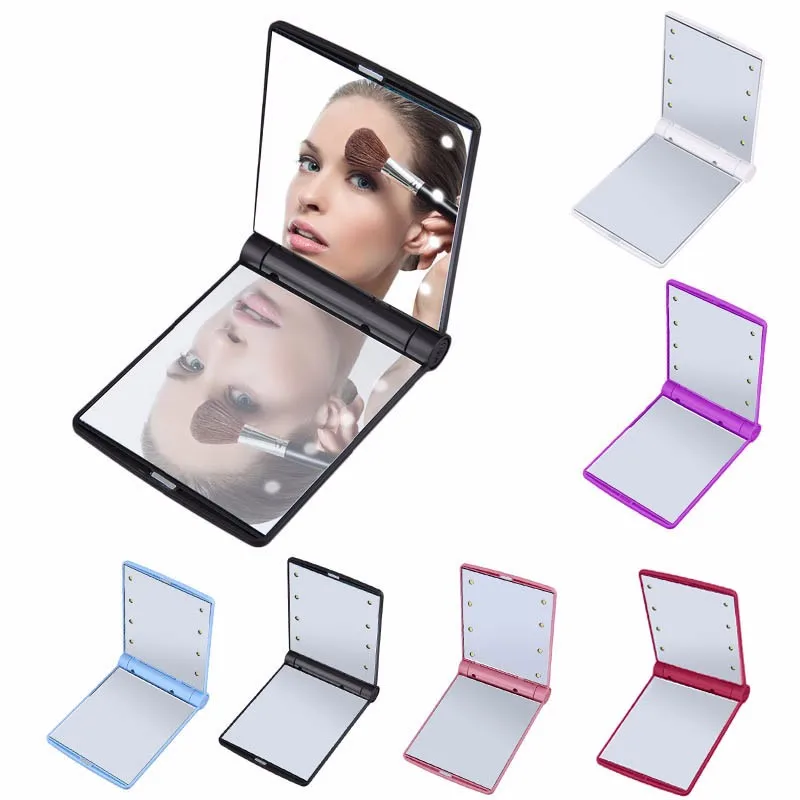 Promotion makeup compact small plastic led light mirror/Folding Makeup LED Mirror with Light 8 Led