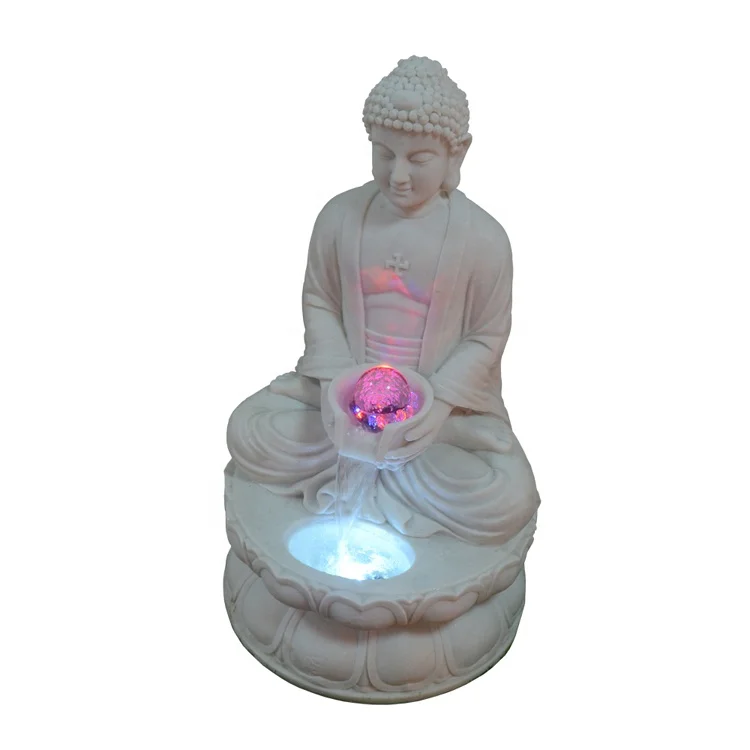 Sandstone Indoor Buddha Statue Water Fountains with Colorful Crystal Ball Light