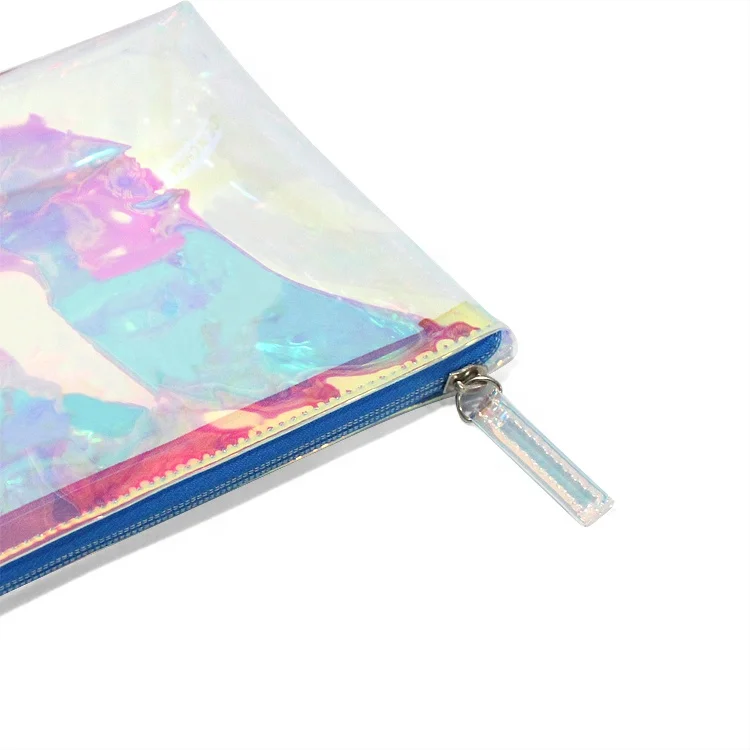 Custom hologram iridescent laser pvc cosmetic bag, transparent holographic PVC zipper makeup bag