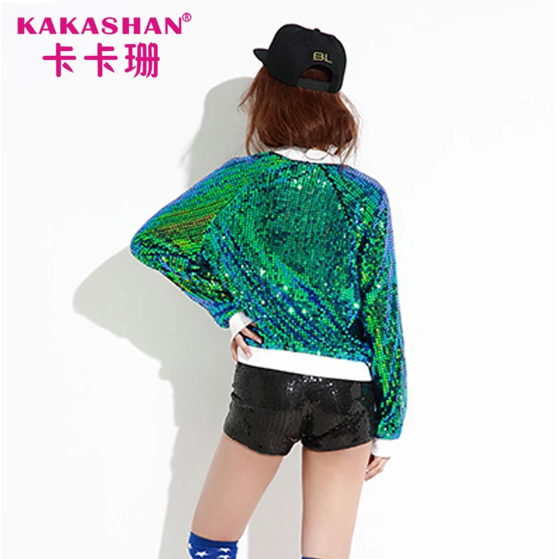 
Long Sleeve Top Hip Hop Dance Costumes Bomber Jacket Sequin Coats 