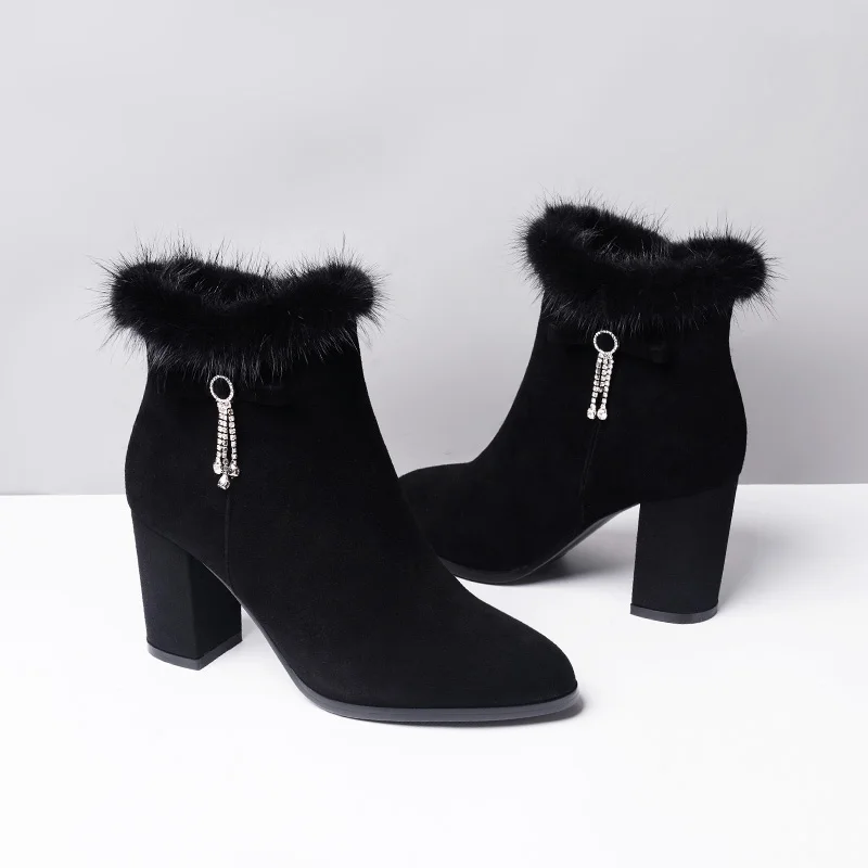New Arrivals 2021 H390 Solid Leather Winter High Heel Plush Collar Kid Suede Boots Zip Ankle Women Boots