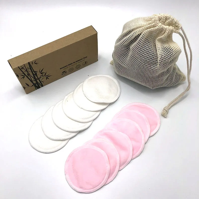 50 Sets Cosmetic Facial Cleansing and Eco-friendly box 14pcs Blue Yellow Pink Cotton Mesh Bag and Eco-friendly box