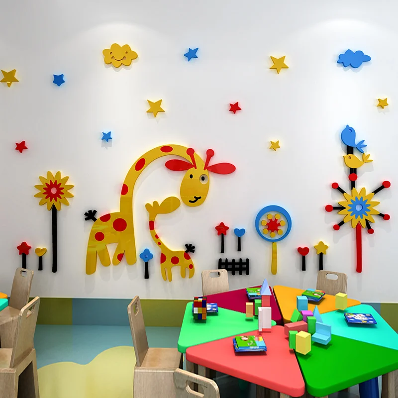 giraffe happy among stars wall stickers living room Kindergarten wallpaper 3D cartoon mural