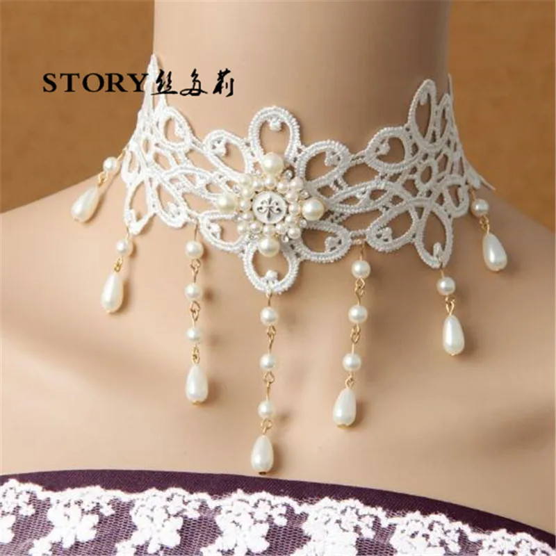 2018 Japan Fashion Pearl Beaded Handmade Sexy White Lace Wide Necklace Collar Neck Choker
