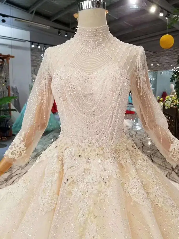 LS11067 jancember с длинным рукавом свадебное платье с высоким воротом платье для свадебной церемонии для девочки кружева ткань для свадебного платья