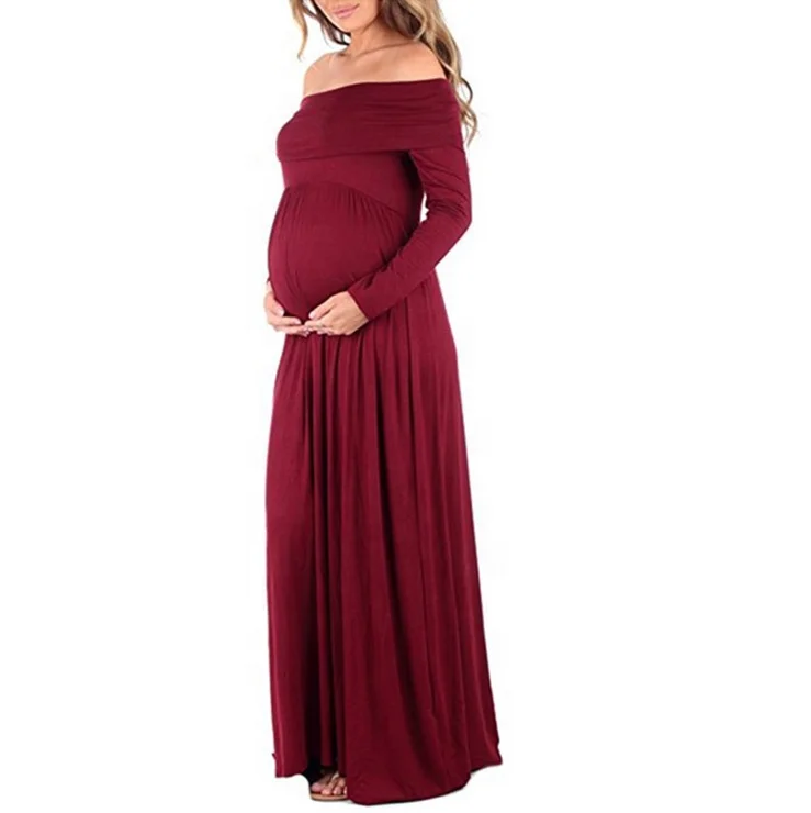 Off Shoulder Long Sleeve Solid Pregnant Photography Photo Shoot Maternity Clothes Casual Long Maternity Dress For Photography
