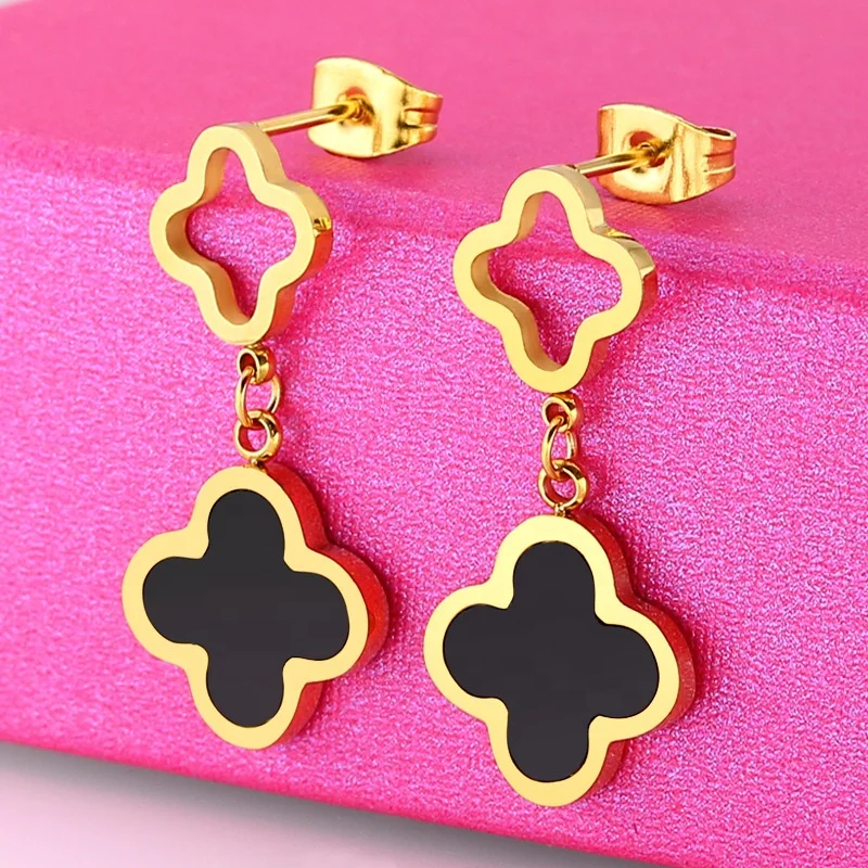Hot selling Classic Design Rose Gold Stainless Steel Stud Four-Leaf  Clover lovely stud  Earrings For Women
