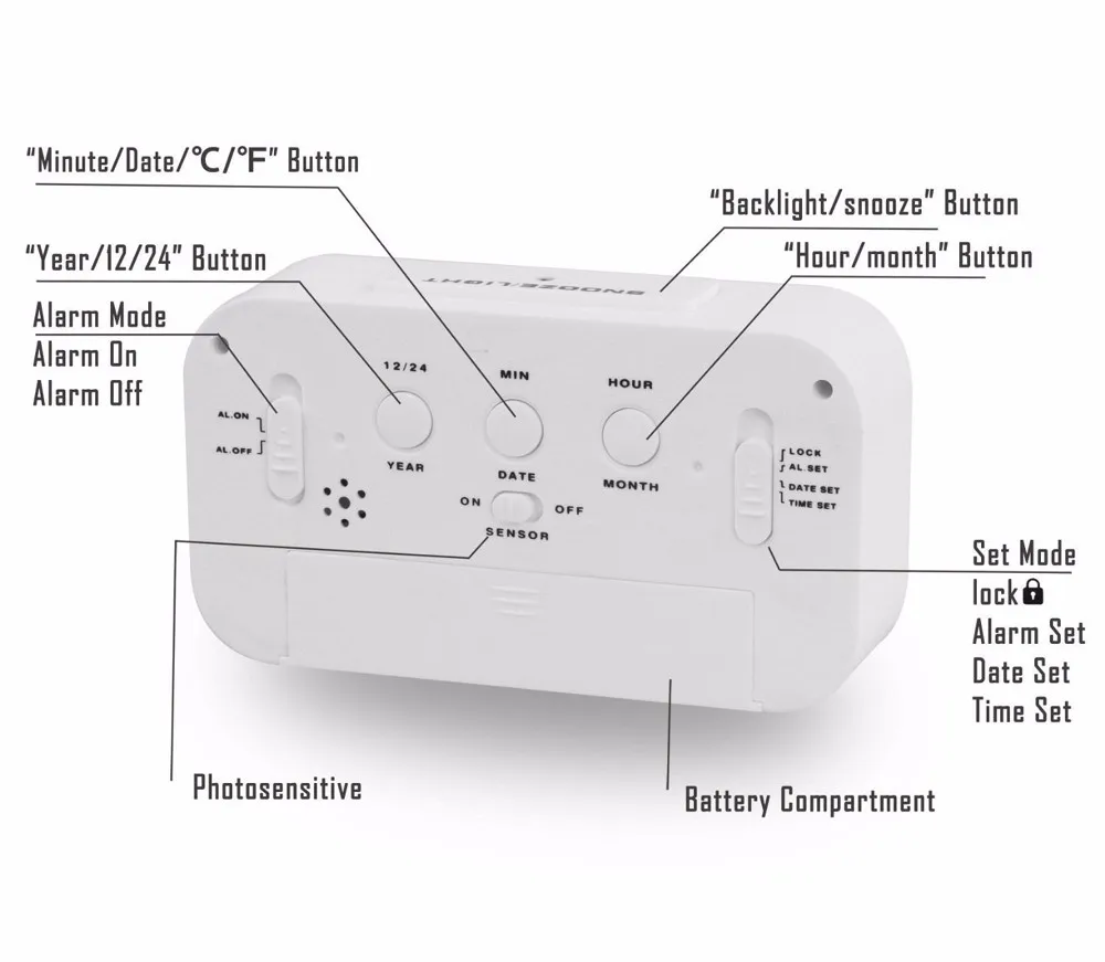 Classic LCD digital clock with calendar light sensor and alarm snooze
