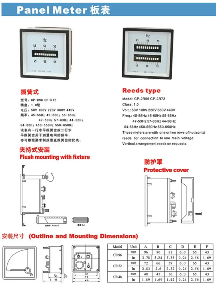 Double reeds frequency meter  moving iron analog meter long scale analog panel meter -everfar