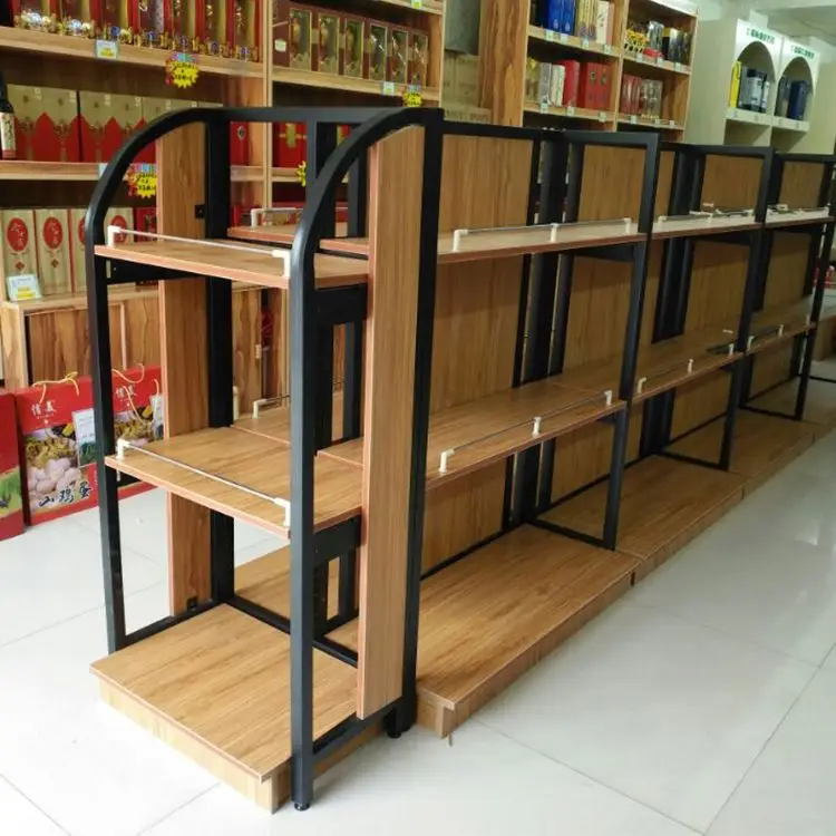 Современные полки для продуктовых магазинов со скошенными полками, деревянные полки для гондолы со стальным и деревянным дисплеем
