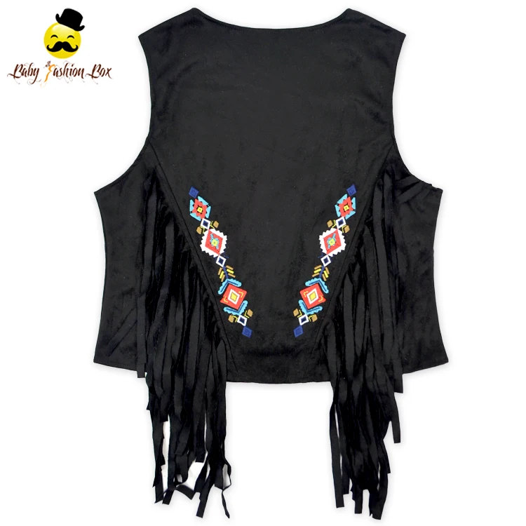 
Vintage Kids Spring Clothing Black Suede Sleeveless Embroidered Flower Fringe Kids Girl Vest Top 