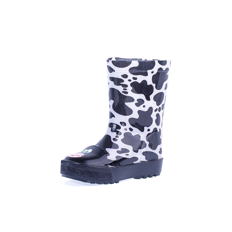 Children lovely pvc rain boot cow printed lining boots for wholesale popular light weight waterproof cheap anti-slip shoes