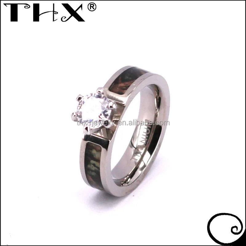 Real Tree Forest Camo Titanium Rings for Women with Cubic Zirconia 5mm