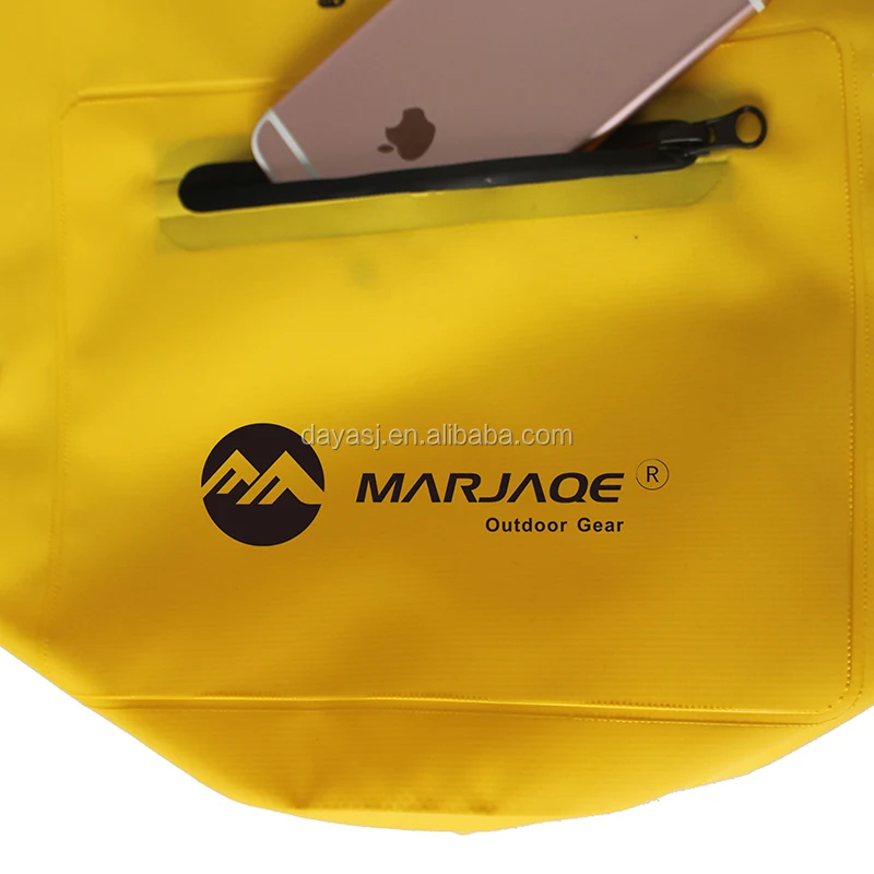 500D PVC tarpaulin waterproof dry bag with double adjustable straps front zipper pocket and side mesh pouch for camping