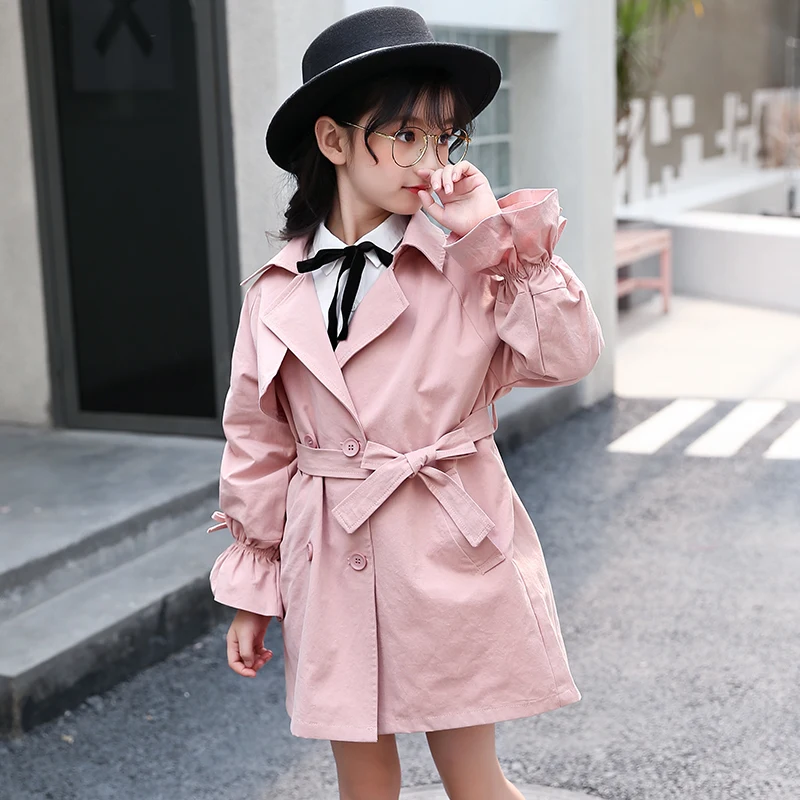 
New products girls cotton fabric puff sleeve belt princess dust coat overcoat 