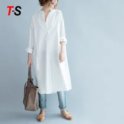 New leisure Simple Solid color round neck long shirt dress cotton fabric