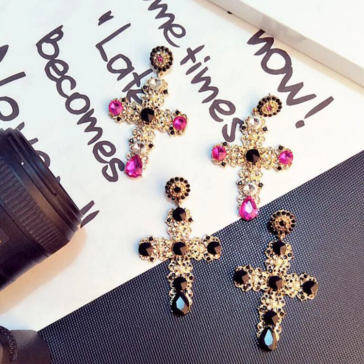 New Design Fashion KC Gold Cross With Black Red Crystal Heavy Party Jewelry Women Charm Earring