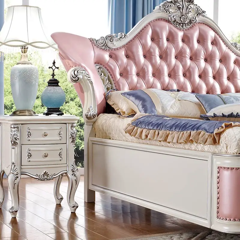 Cheap Pink Leather White French Style Bedroom Furniture Bedding Set