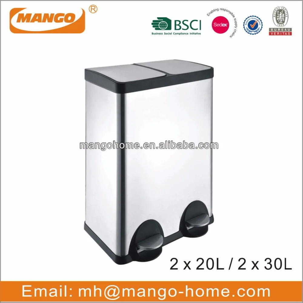 60L Rectangular Stainless Steel 3 Compartments Recycle Bin Recycle Waste Bin Trash Can Dust Bin
