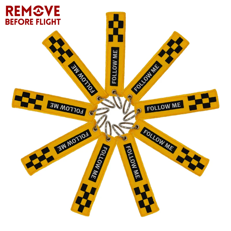 Remove Before Flight Keychain FOLLOW ME Yellow Keychain Jewelry Embroidery Safety Tag  Fashion Sleutelhanger
