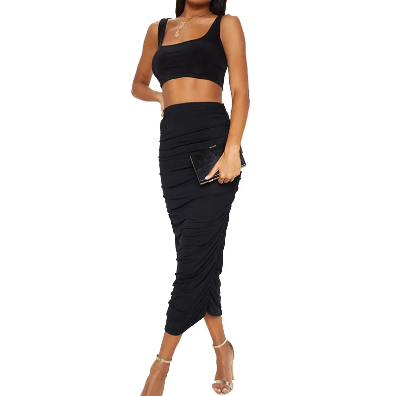 
Women High Waist Elastic Bodycon Wrap Pencil Plain Maxi Skirt Pleated Formal Long Skirts For Ladies 