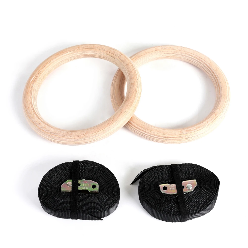 Gym rings with nylon strap in pairs strength training wooden gymnastic rings