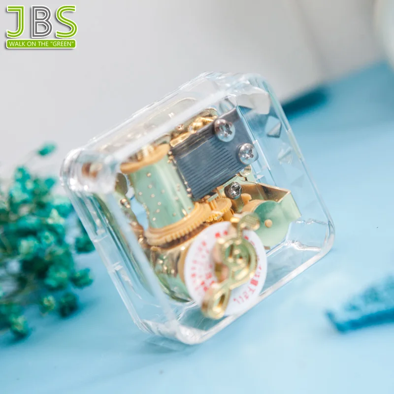 Square Acrylic Small Music Box With Wind Up Mechanism