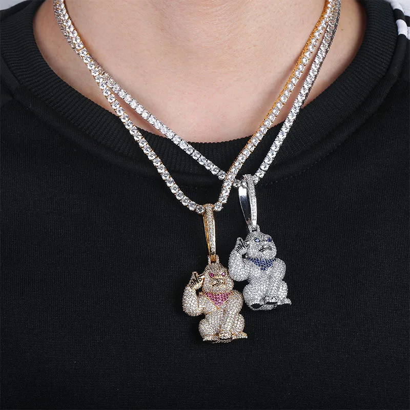 New Real Hiphop High-end 18k Solid Gold Plated Iced Out Lab Diamond CZ Gorilla King Kong Pendant Necklace