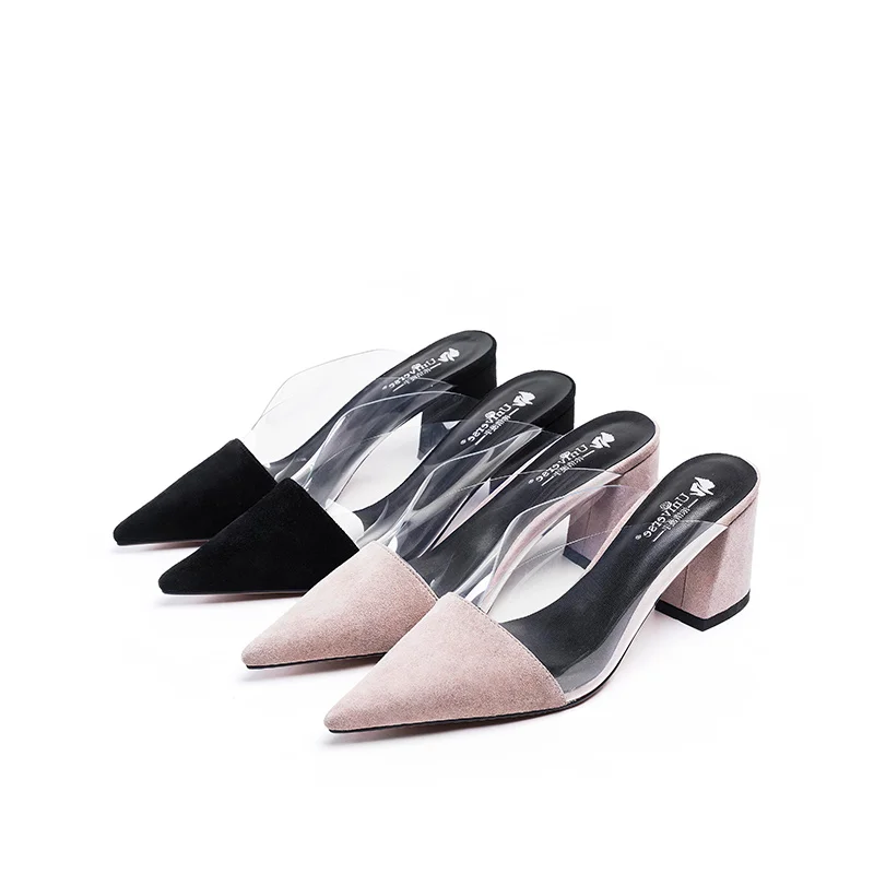 J094 pointed toe mules shoes women heels kid suede ladies slippers