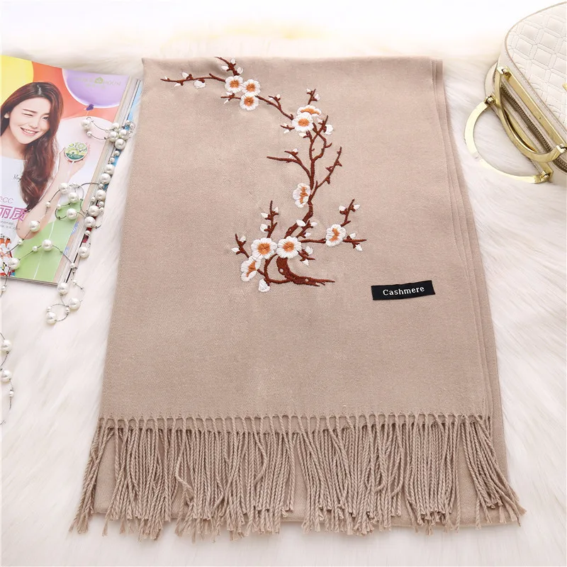 Factory Wholesale Tassel Floral Embroidered Cashmere Scarf Pashmina