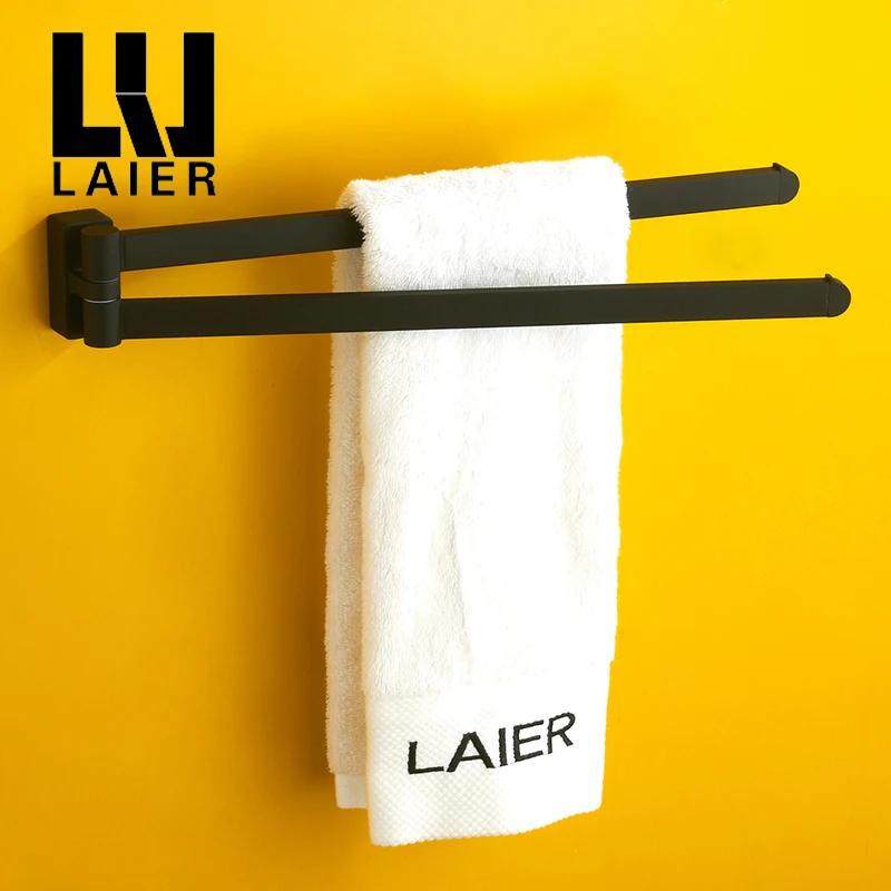 
Matt rubber black swivel towel rails bathroom chrome polished rotation double towel bar 
