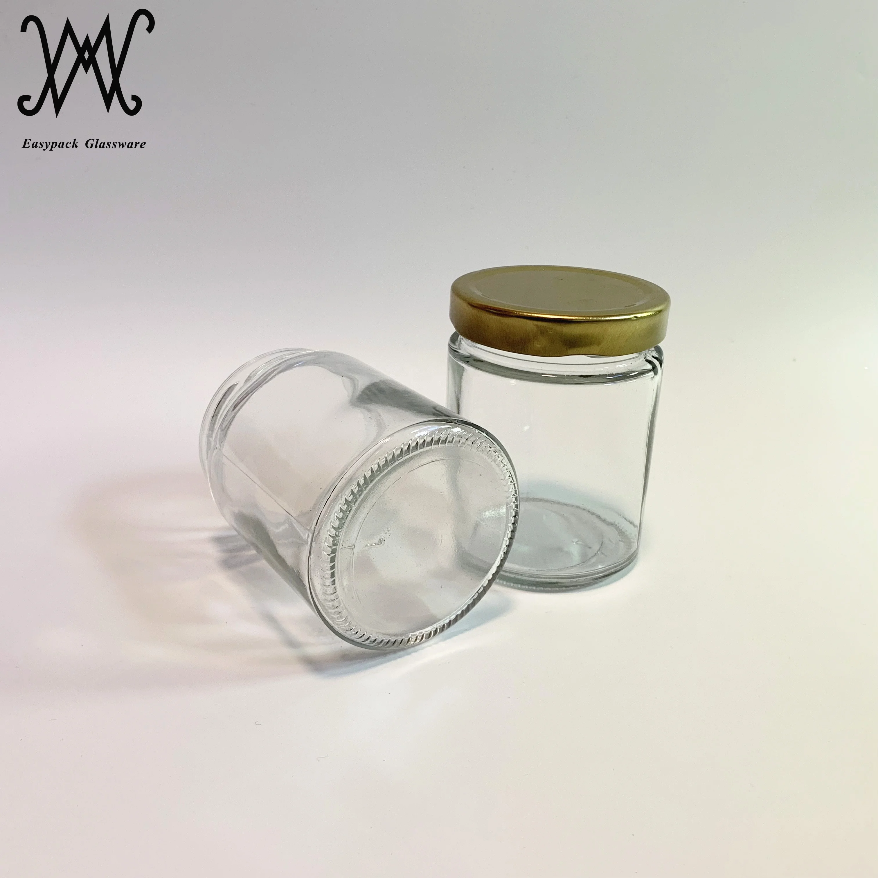 250ml straight sided round clear glass honey food jam jar with twist off lug gold metal lid