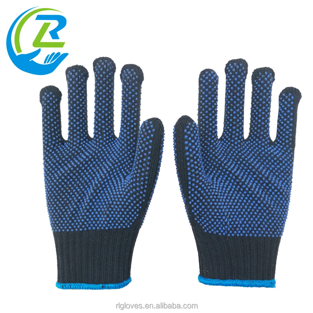 10 gauge cotton Polyester Knitted double side non slip blue PVC dots coated breathable labour safety working hand gloves