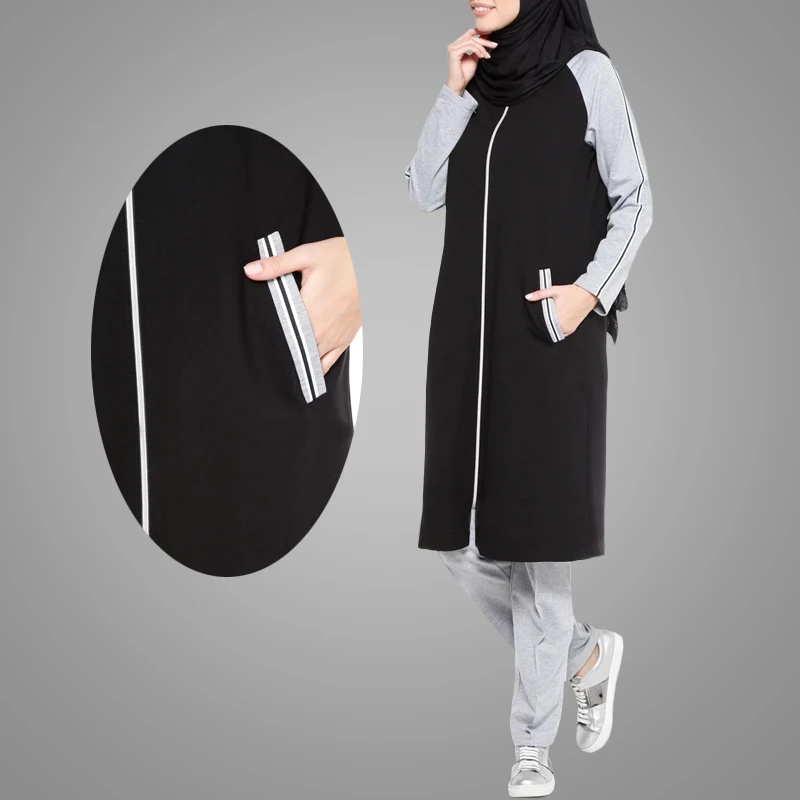 
Latest Muslim Sport Wear Fashion Black And Grey Stitching Color Arab Islamic Clothing Loose Breathable Fabric Tracksuits 