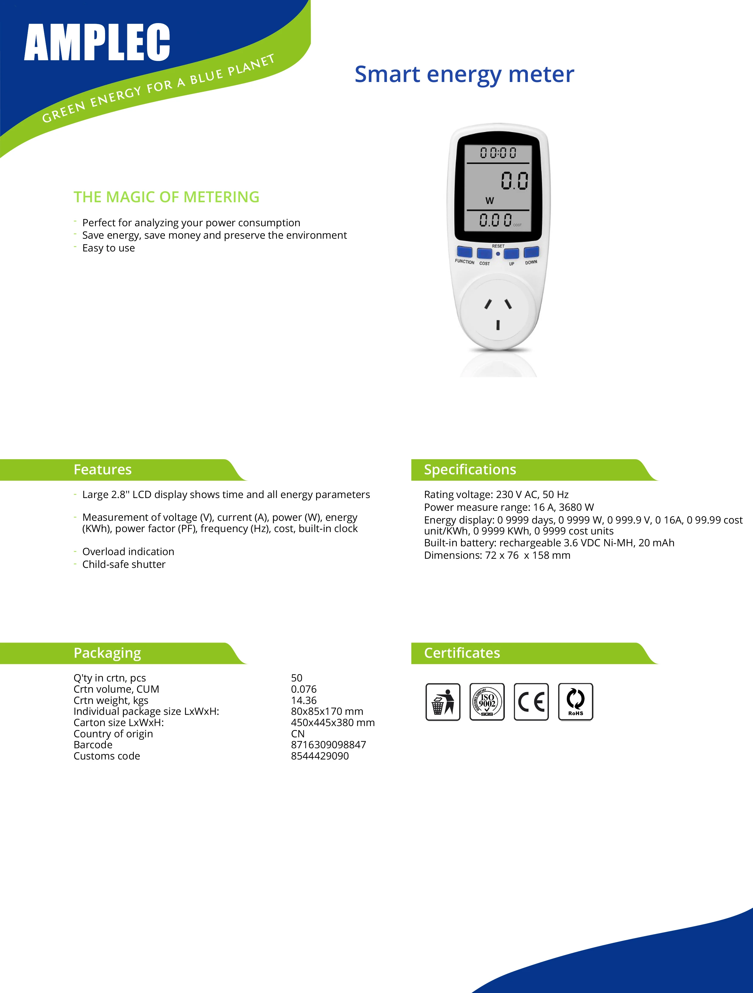 Smart Energy Meter Large LCD Plug Power Meter Energy Watt Voltage Amps Meter with Electricity Usage Monitor
