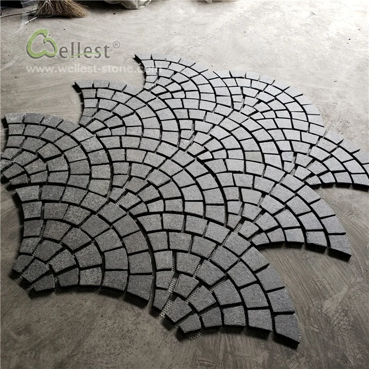g684 fan shape black granite black basalt cobble on mesh for patio driveway paving