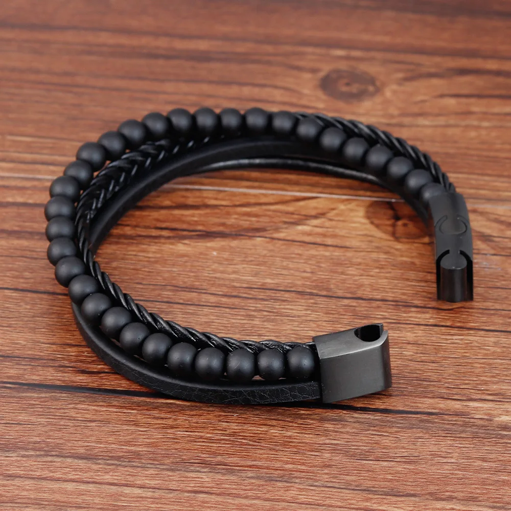 Mens Nature Meteorite Bead Stone Black Leather Bracelet Top Sellers 2019 for Amazon