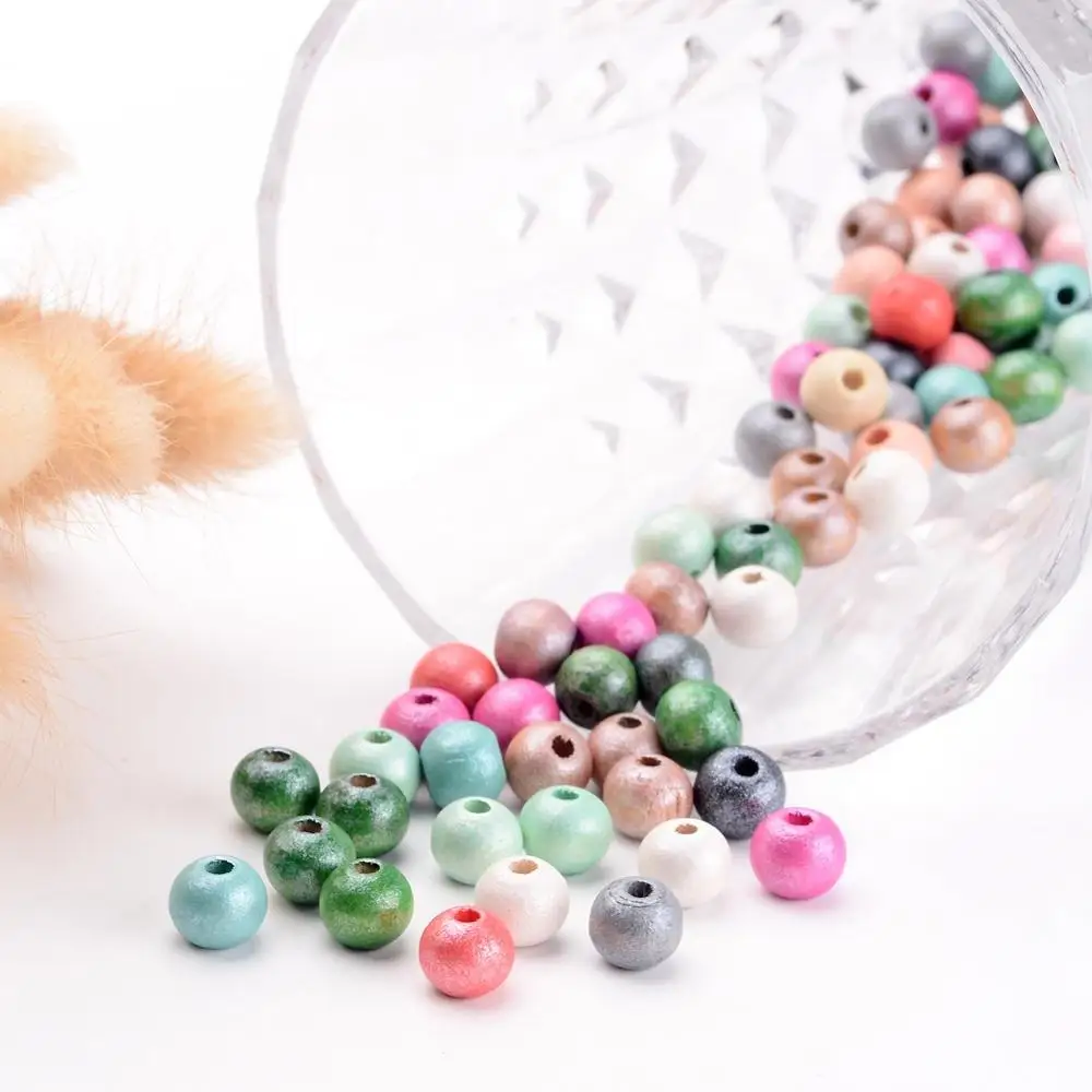 PandaHall 8mm Round Dyed Lead Free Mixed Color Wood Beads