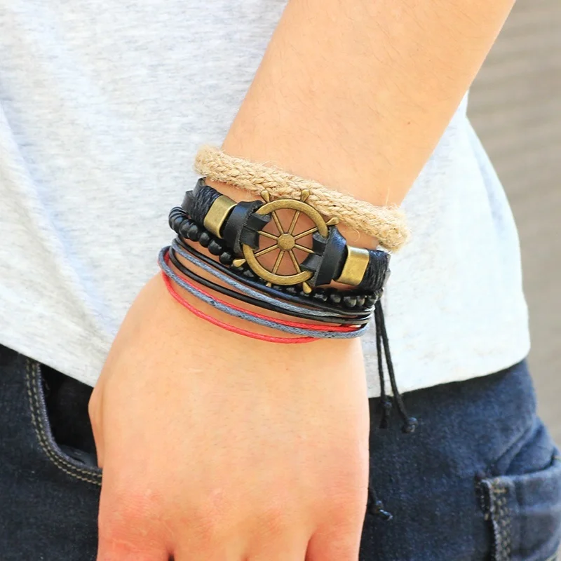 Nautical Rudder Charm Bracelet Leather Rope With Handmade Multiple Combination Leather Bracelet Set