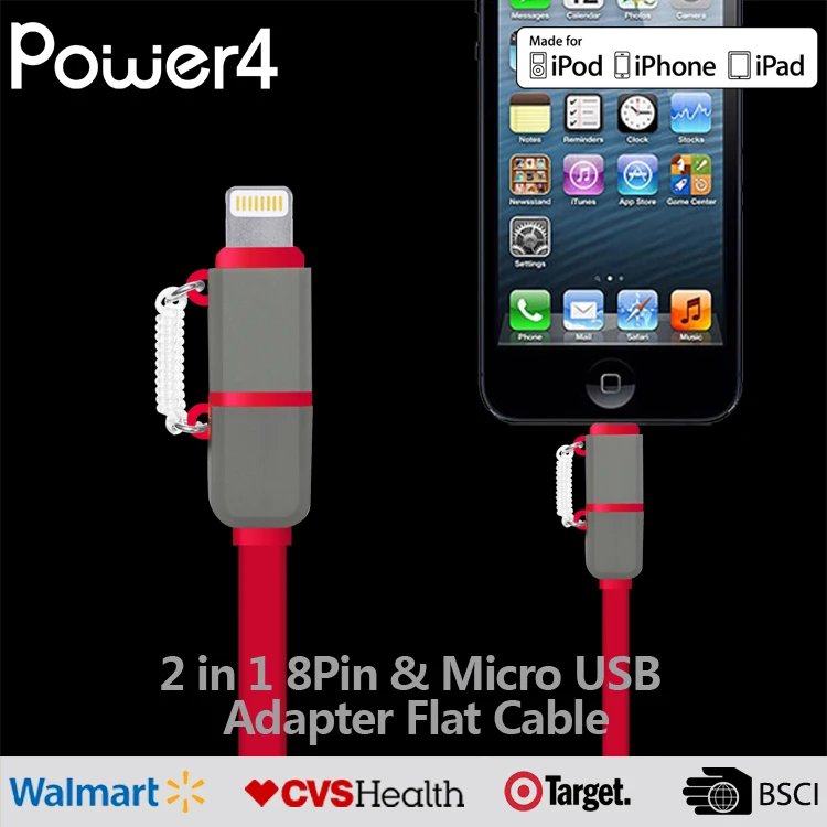 
High quality Micro usb 8pin USB 2 in 1 Sync Data Charger electric Cable for iPhone iPad iOS For Samsung HTC Android 